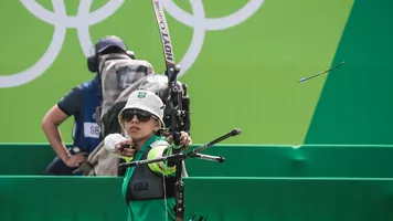 Marina Canetta Gobbi shooting at the Rio 2016 Olympic Games on home soil.