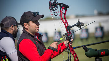 Compound archers shoot at the 2021 Hyundai World Archery Championships.