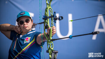 Nora Valdez shoots during the gold medal match of the first stage of the 2021 Hyundai Archery World Cup in Guatemala City.