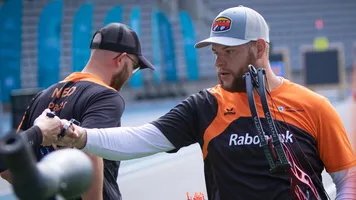 Mike Schloesser competes at stage three of the 2021 Hyundai Archery World Cup in Paris. 