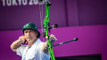 Philip Coates-Palgrave shoots at the Tokyo 2020 Paralympic Games.
