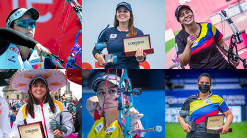 Sara Lopez’s six Hyundai Archery World Cup Champion trophies.
