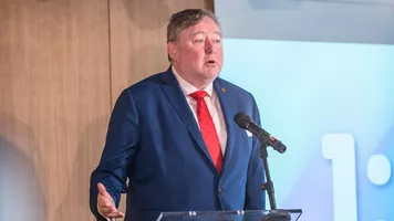 Tom Dielen speaks during the International World Games Association AGM in 2023.