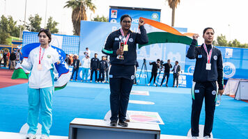 The recurve women’s podium at the Asia Cup.