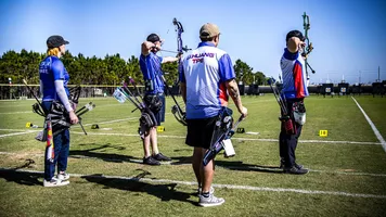 Italy and Chinese Taipei facing in compound mixed team semifinal at Central Florida 2025.