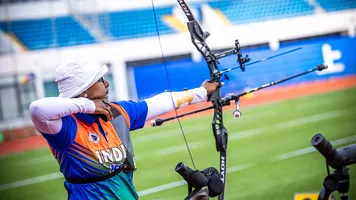 Deepika Kumari aiming during Shanghai 2025 eliminations.