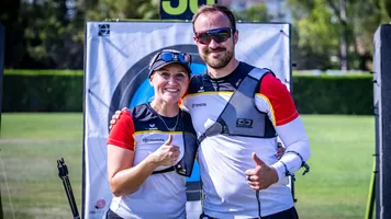 Katharina Bauer and Florian Unruh thumbs up at the target.