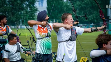 Harvinder Singh shooting in qualification at Beijing 2025 Asian Para Archery Championships.
