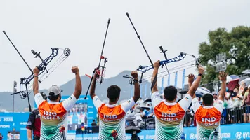 India compound men's team celebrating. 