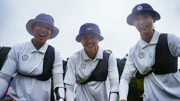 Chinese Taipei recurve women team celebrating.