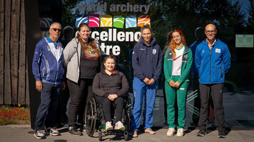 First coach accelerator programme participants in front of World Archery Excellence Centre in Lausanne.