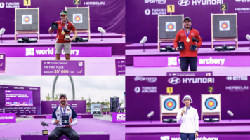 Mariana Bernal, Emircan Haney, Brady Ellison and An San with their World Cup trophies.