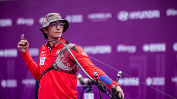 Mete Gazoz after release at the Nanjing 2025 World Cup Final.