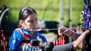 Sheetal Devi shooting at 2025 Europea Para Grand Prix in Nove Mesto.