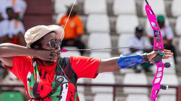 Gloria Kitali aiming in the barebow women final at the 2025 African Championships.