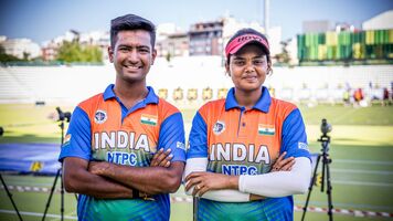Rishabh Yadav and Jyothi Surekha Vennam at the Madrid 2025 Hyundai Archery World Cup.
