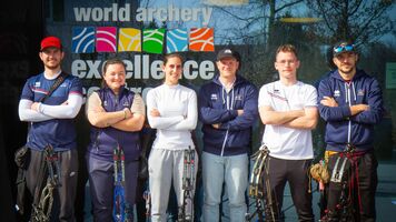 French compound team training at World Archery Excellence Centre in Lausanne.