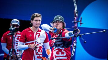 Matias Grande and Alejandra Valencia shooting mixed team at Paris 2024 Olympic Games.