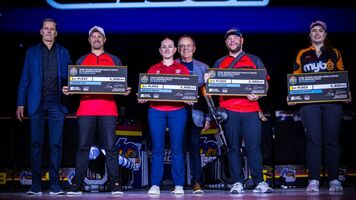 Indoor Archery World Series 2026 champions receive prizes from Greg Easton and Bruce Cull