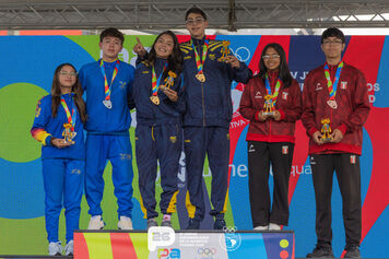The podium for the compound mixed team final at the Panama 2026 South American youth Games.
