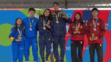 The podium for the compound mixed team final at the Panama 2026 South American youth Games.
