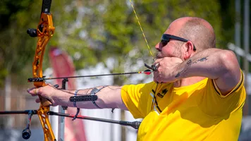 Ruben Vanhollebeke shooting at Rome 2026 European Para Archery Championships.