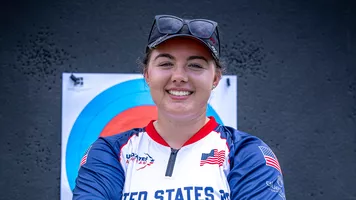 Savannah O'Donohue smiling at the target after reaching the compound women final fours at Antalya 2026.