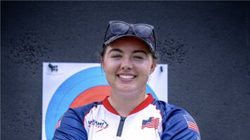 Savannah O'Donohue smiling at the target after reaching the compound women final fours at Antalya 2026.