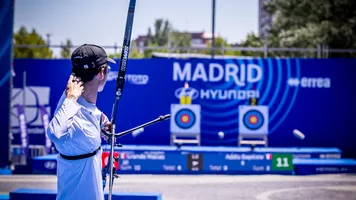 Baptiste Addis looking on after shooting an arrow at Madrid 2025. 