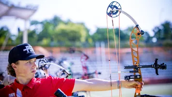 Mathias Fullerton shooting at Madrid 2026 Hyundai Archery World Cup.