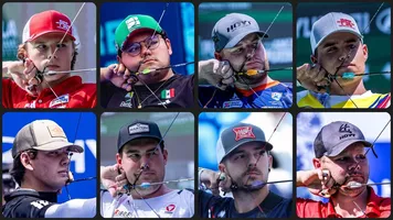 The eight compound men finalists for the 2026 World Cup Final in a collage.