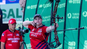 Alexis Ruiz shooting at the Saltillo 2026 Hyundai Archery World Cup Final.